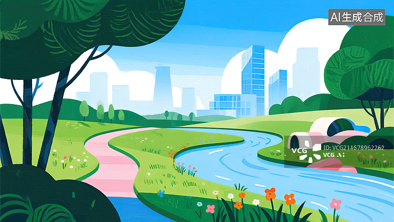 【AI数字艺术】城市绿洲的清新漫步图片素材