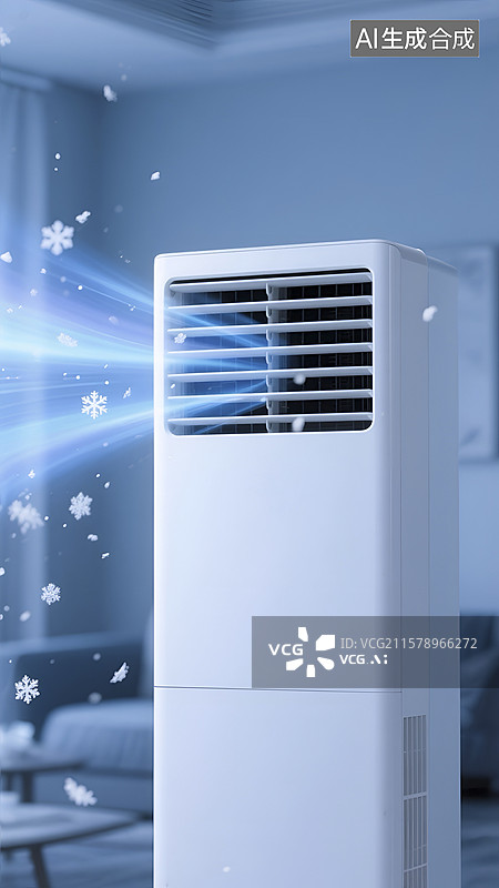 【AI数字艺术】白色立式空调吹出冷气的室内场景图片素材