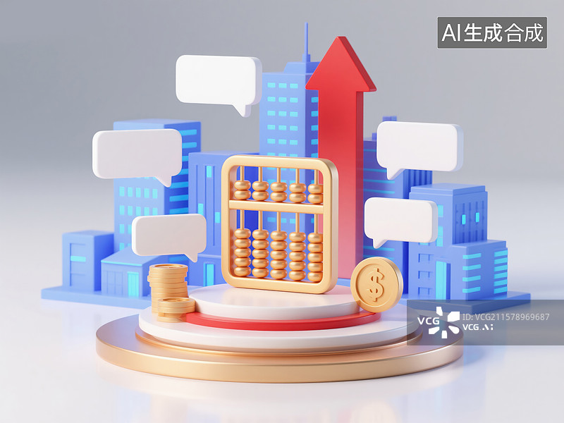 【AI数字艺术】古代算盘遇上智慧城市2026年新年金融创新对话框上升箭头金币3D插画圆形平台上现代经济蓝色科技风格图片素材