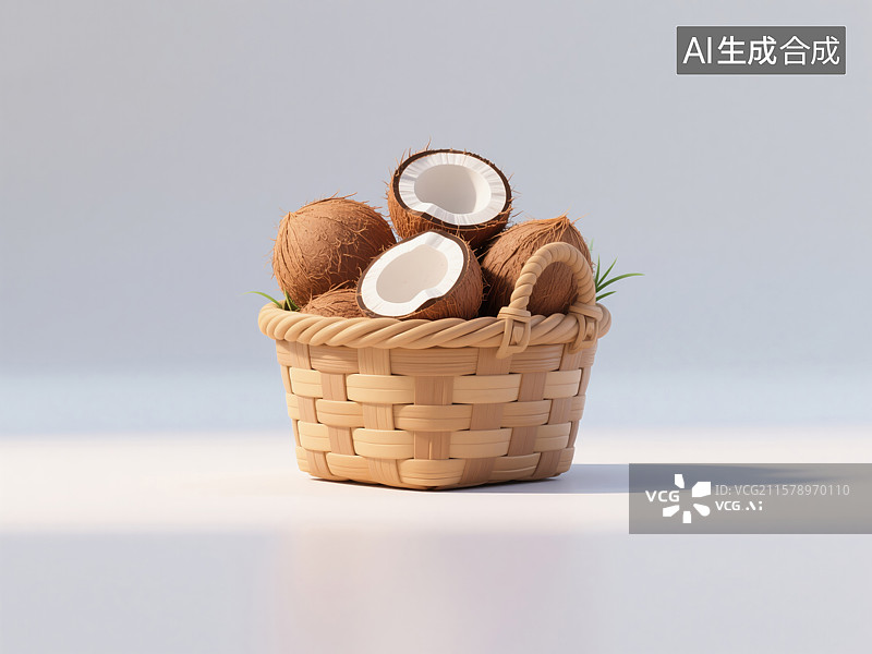 【AI数字艺术】热带丰收篮中新鲜椰夏季清凉3D插画浅色背景海南有机农产品食品行业饮料椰子鸡原材料大暑节气图片素材