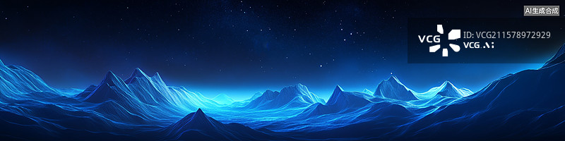 【AI数字艺术】蓝色星空下群山科技感背景图片素材