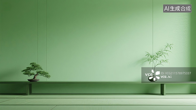 【AI数字艺术】绿色禅意室内空间背景壁纸图片素材