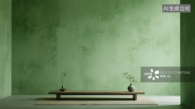 【AI数字艺术】绿色禅意室内空间背景壁纸图片素材