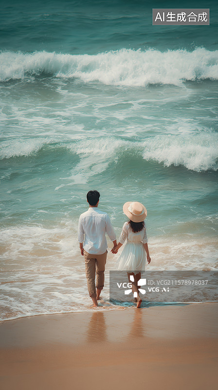 【AI数字艺术】情侣海边漫步，波涛拍岸图片素材