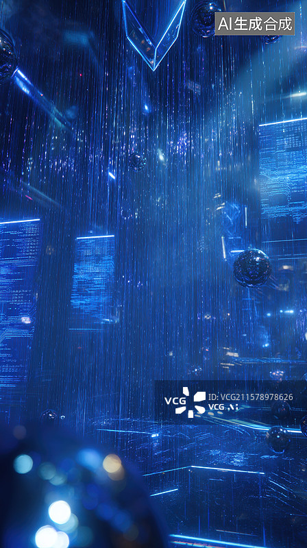 【AI数字艺术】蓝色光影中的未来科技场景图片素材