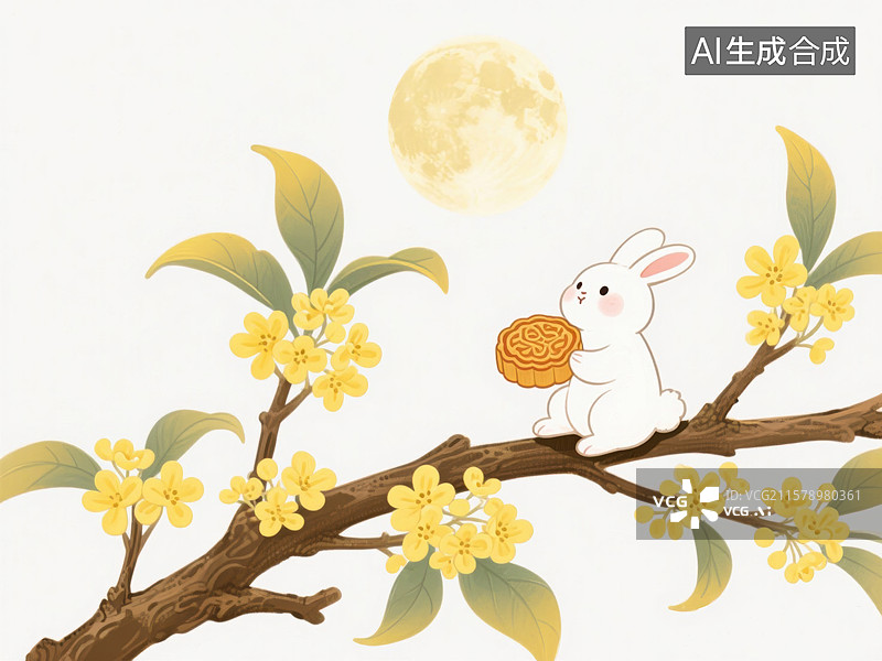 【AI数字艺术】玉兔捧月饼，桂花树下赏明月图片素材