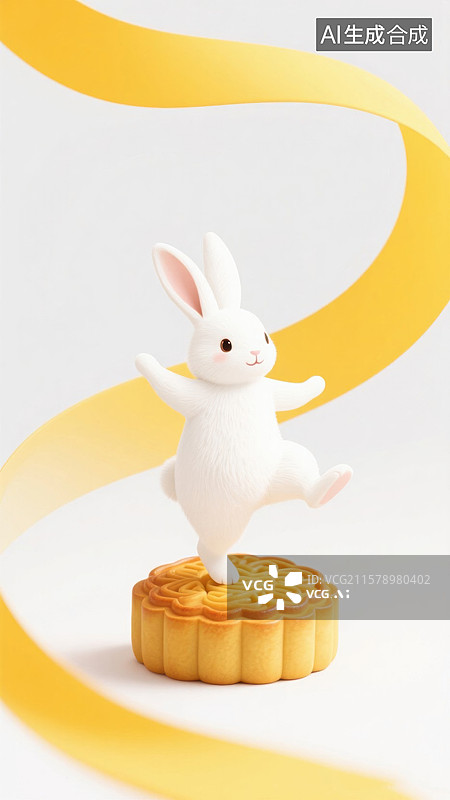 【AI数字艺术】玉兔立于月饼之上，黄色丝带环绕图片素材