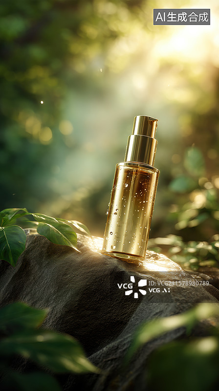 【AI数字艺术】金色瓶装精油置于自然光线下图片素材