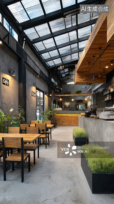 【AI数字艺术】现代工业风咖啡馆内部装潢图片素材