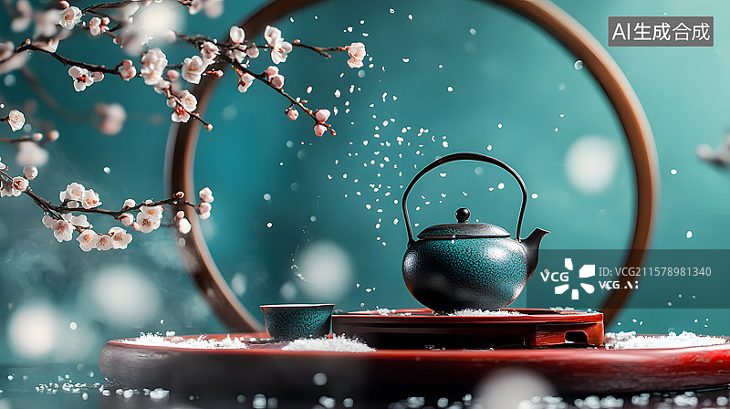 【AI数字艺术】茶壶与梅花的静谧场景图片素材