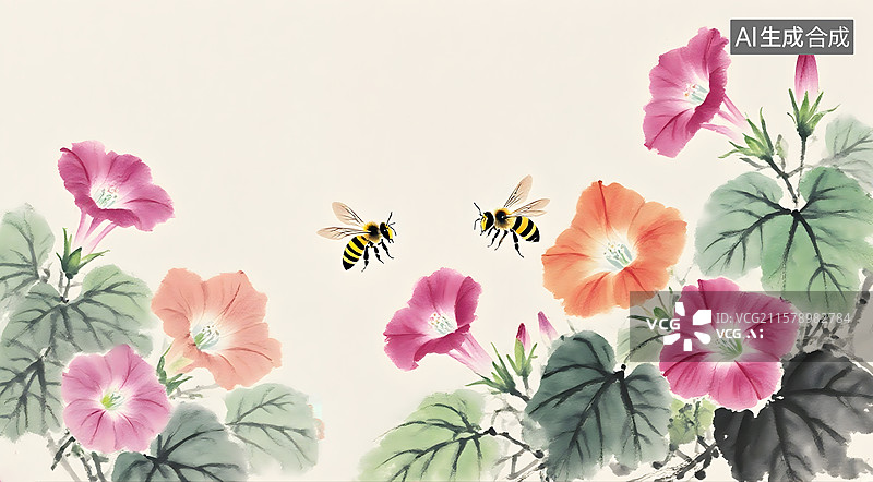 【AI数字艺术】牵牛花喇叭花水墨画留白背景图片素材