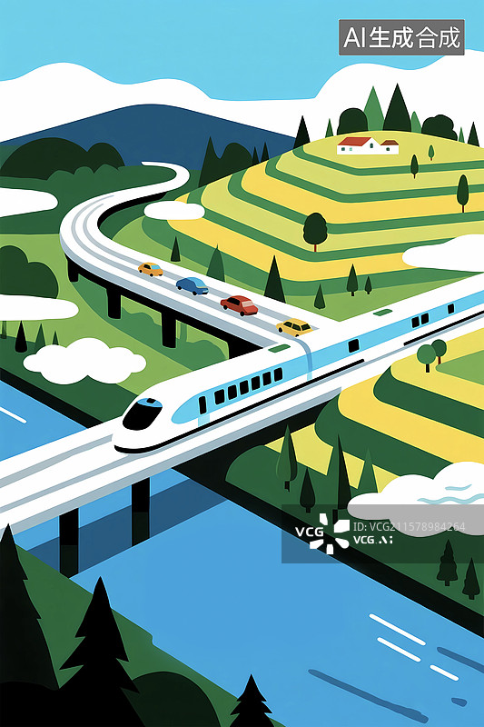 【AI数字艺术】高原梯田动车高铁轨道交通图片素材