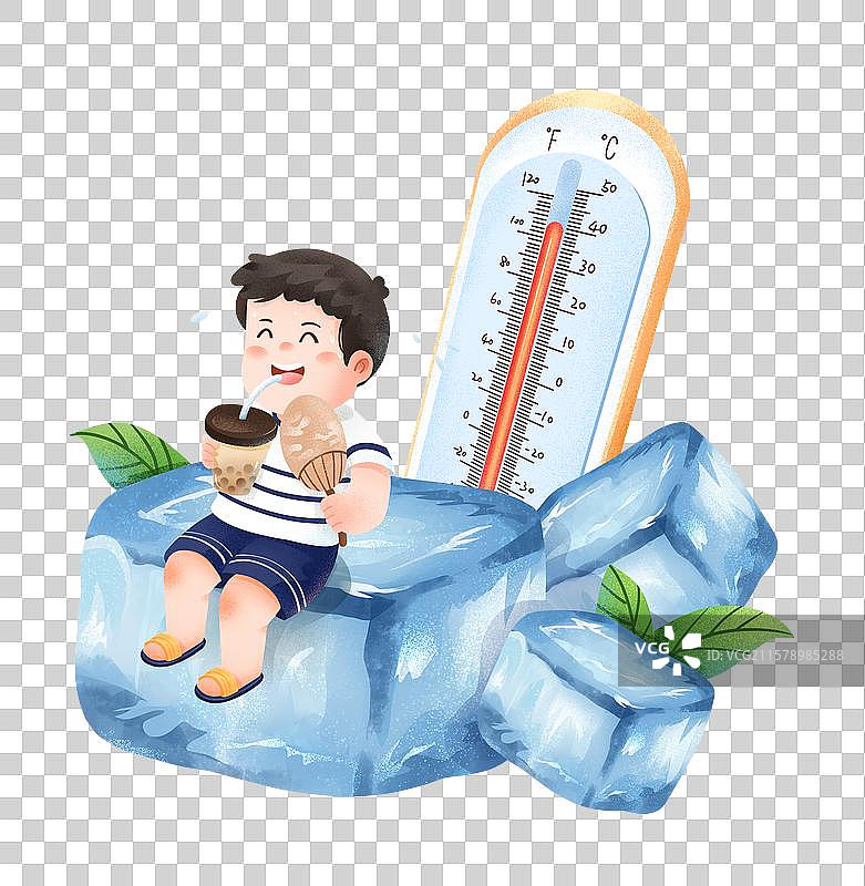 手绘噪点男孩坐冰块上喝水扇扇子温度计组合可爱免抠元素图片素材
