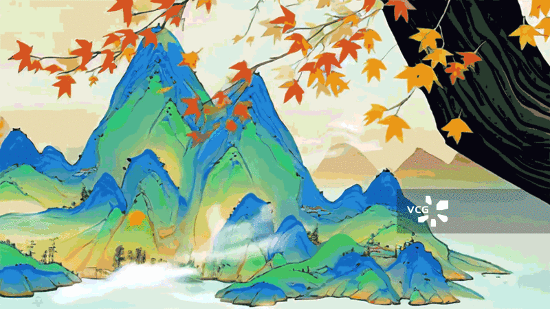 水墨画 中国风 插图 动画 秋天 红叶 枫叶 千里江山 云雾 山水图片素材