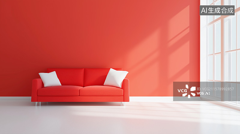 【AI数字艺术】阳光窗边现代简约白色红色沙发客厅图片素材