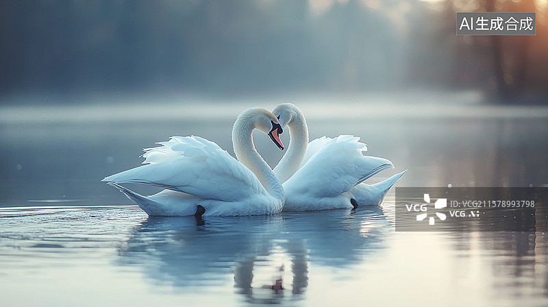 【AI数字艺术】湖面的天鹅比心图片素材