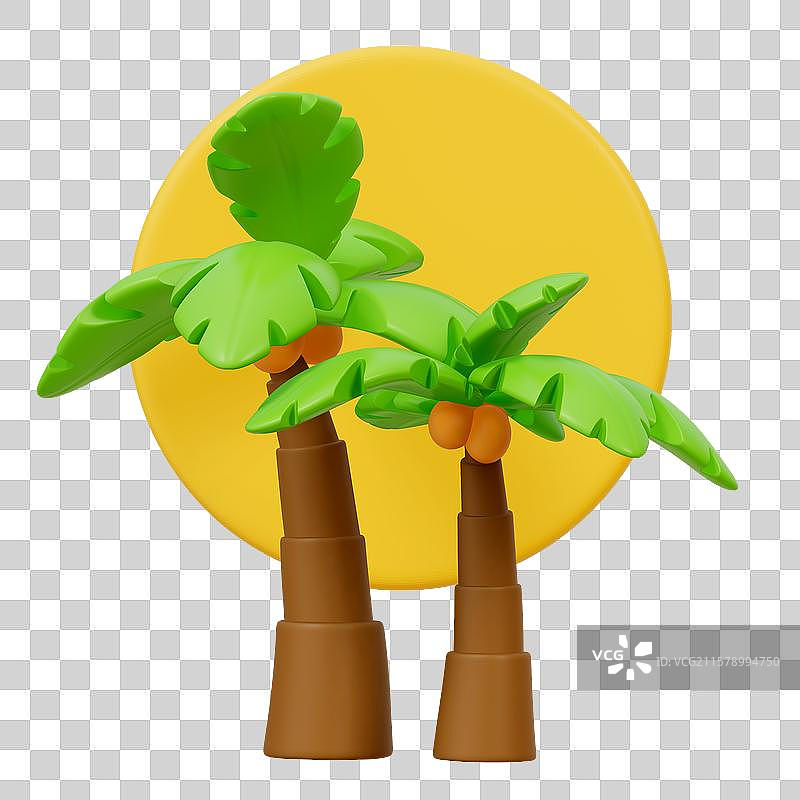 落日下的椰子树海边风景3D卡通插画元素图片素材