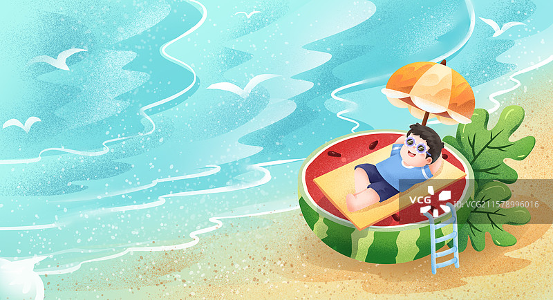 手绘肌理噪点夏天夏季男孩躺在西瓜上海边治愈系插画图片素材
