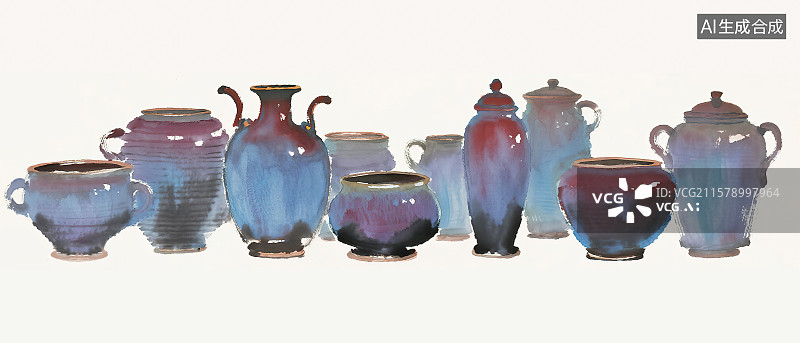 【AI数字艺术】钧窑瓷器蓝紫色渐变釉色窑变艺术效果纹理五大名瓷陶瓷罐子瓶子摆件工艺品新国风手绘水墨笔触效果装饰画图片素材