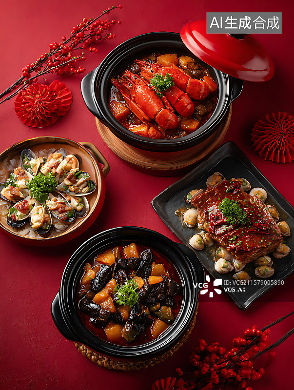 【AI数字艺术】中国传统菜肴春节年夜饭满汉全席宴席图片素材