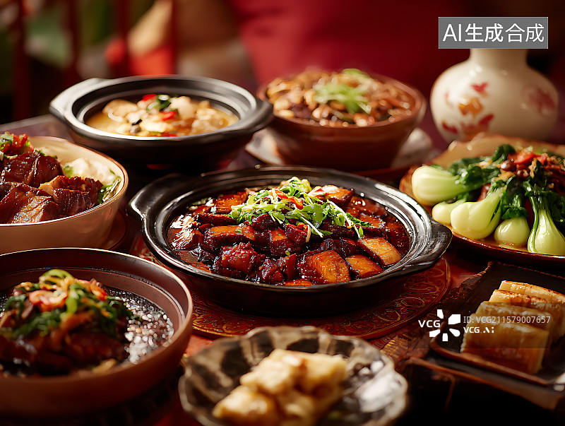 【AI数字艺术】中国传统菜肴春节年夜饭满汉全席宴席图片素材