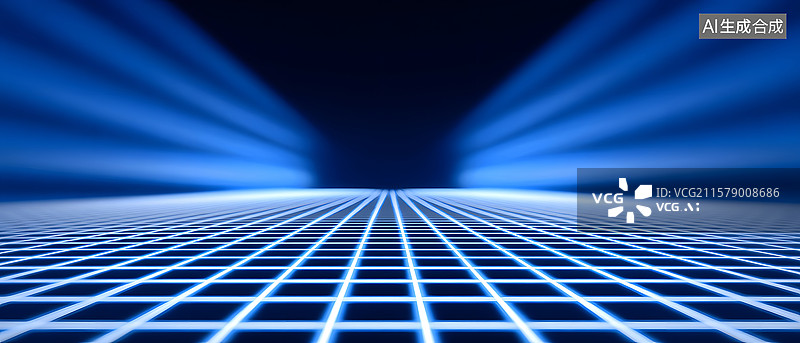 【AI数字艺术】蓝色科技感透视网格光线背景图片素材
