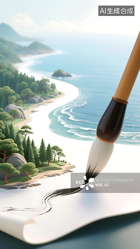 【AI数字艺术】3D立体三维C4D中国画山水画水墨画水彩画新中式传统文化中国文化国潮风国风毛笔画出海边山丘树木森林图片素材