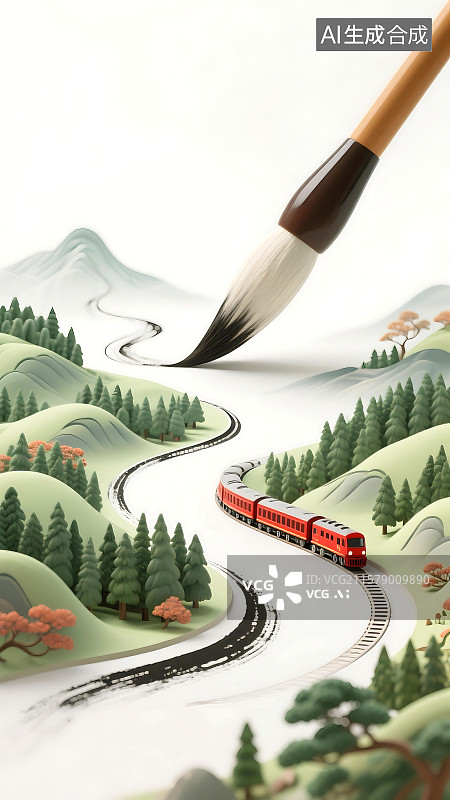 【AI数字艺术】3D立体三维C4D中国画山水画水墨画新中式传统文化中国文化国潮风国风毛笔书法画出山丘森林火车图片素材