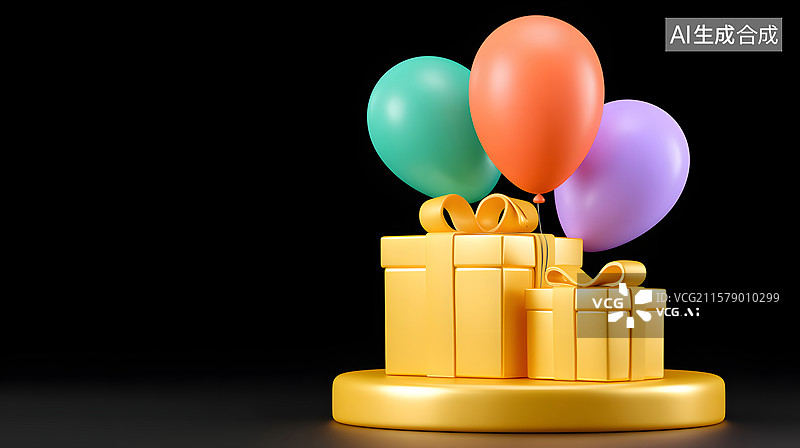 【AI数字艺术】节日气球礼盒的周年纪念日3D渲染图片素材