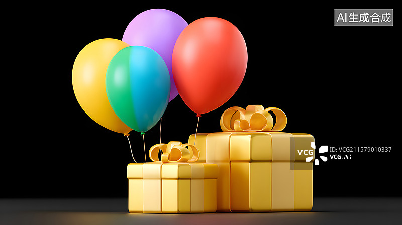 【AI数字艺术】节日气球礼盒的周年纪念日3D渲染图片素材