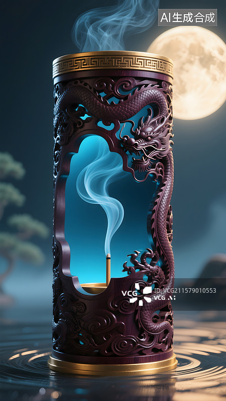 【AI数字艺术】龙纹香炉的月夜禅意中秋图片素材