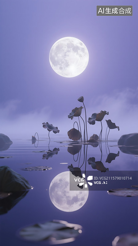 【AI数字艺术】月夜莲池的静谧之美中秋节图片素材