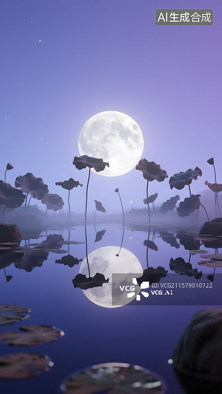 【AI数字艺术】月夜莲池的静谧之美中秋节图片素材