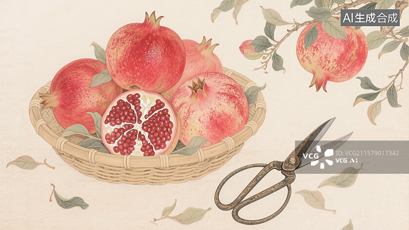 【AI数字艺术】国风石榴插画图片素材