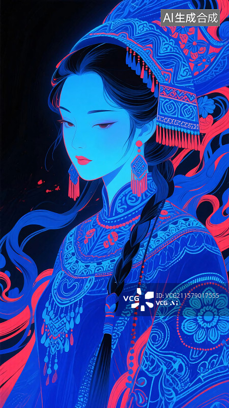 【AI数字艺术】国潮风少数民族女孩插画图片素材