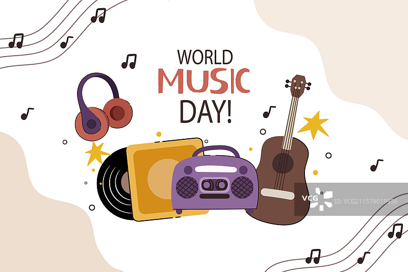 平面世界音乐日背景，带有收音机和图片素材