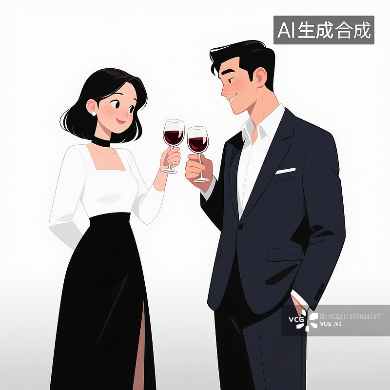 【AI数字艺术】夸张卡通漫画风格的男女碰杯全身像图片素材