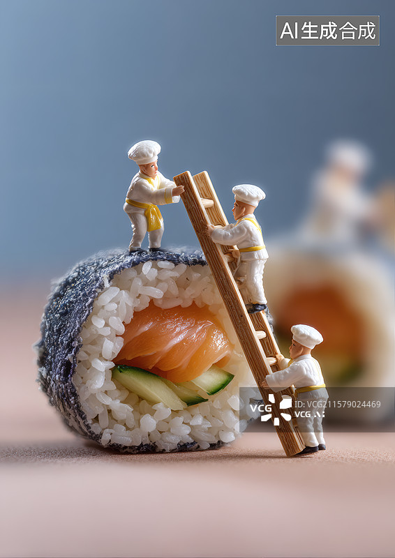 【AI数字艺术】微缩世界迷你小厨师正在做寿司图片素材