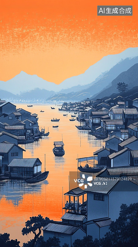 【AI数字艺术】夕阳下的渔村渔船山水自然风光水墨国风背景插画图片素材