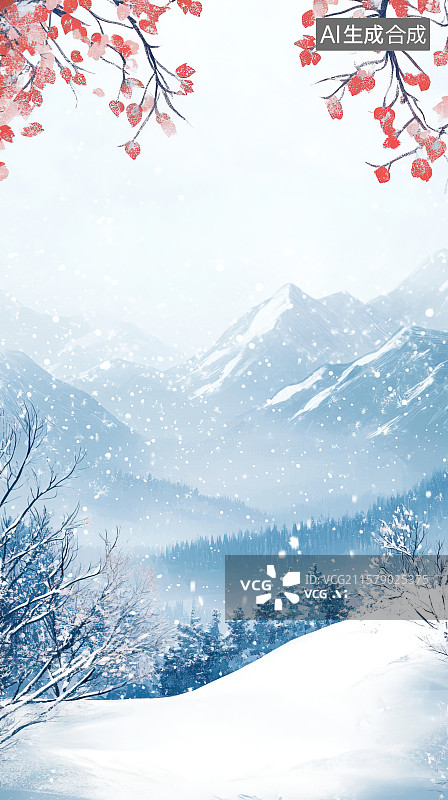 【AI数字艺术】西山晴雪水冬天雪后银装素裹的高山墨国风背景插画图片素材