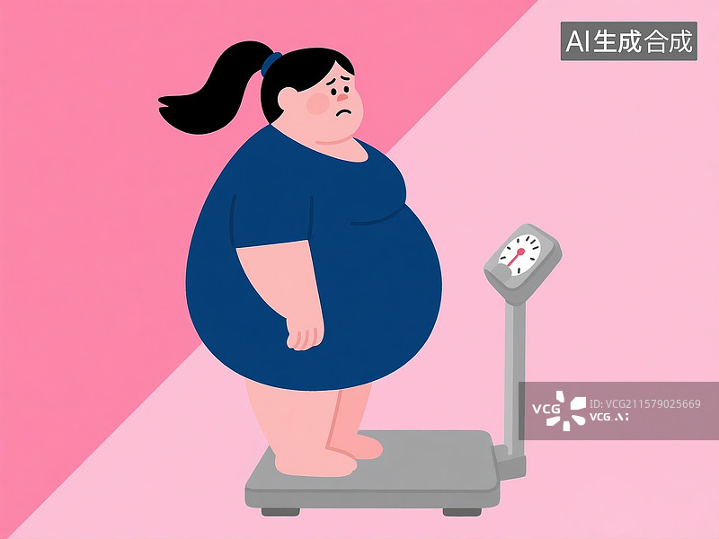 【AI数字艺术】简约卡通插画中站在体重秤上担忧的胖女性图片素材