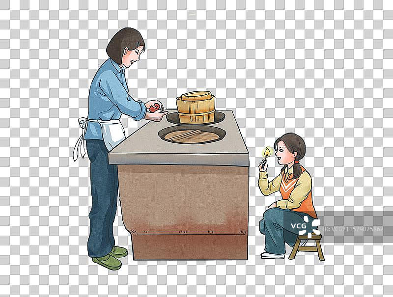 80年代农村母女两人做饭烧柴手绘元素图片素材