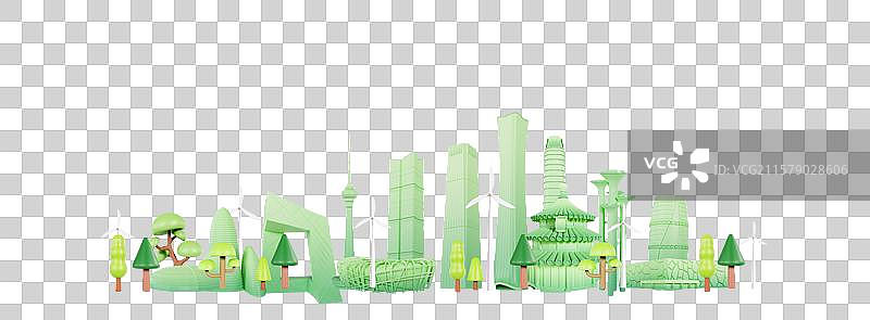 3D绿色系北京地标建筑城市地平线城市元素图片素材