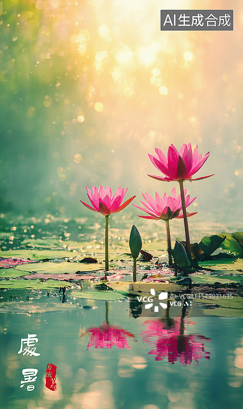 【AI数字艺术】池塘里漂浮着三朵粉色的花图片素材
