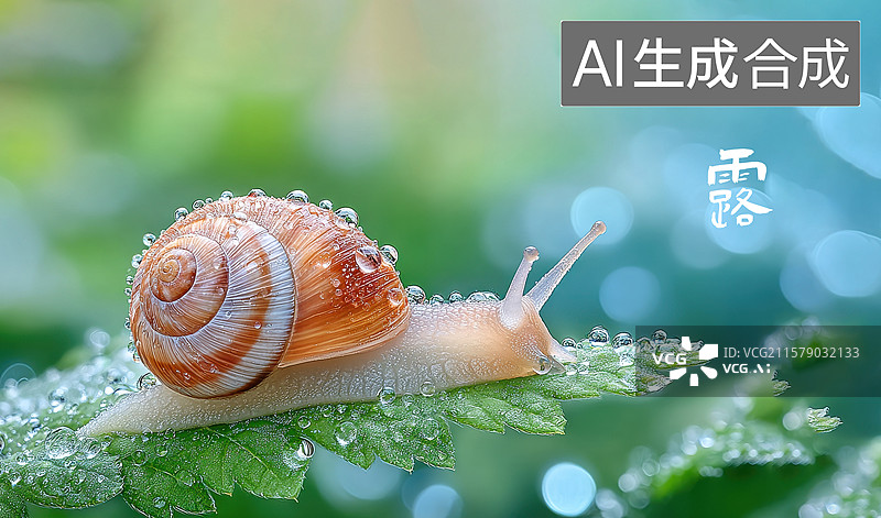 【AI数字艺术】一只蜗牛在水中的一片叶子上图片素材