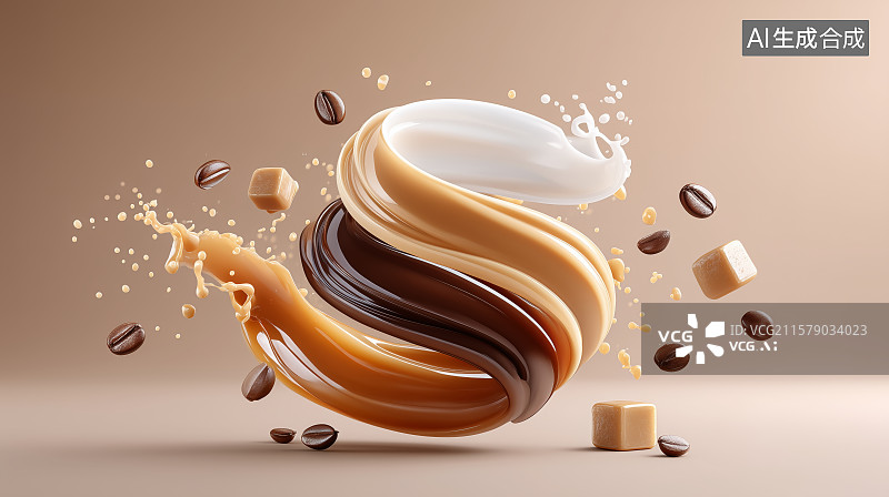 【AI数字艺术】咖啡牛奶和糖块的动态混合图片素材