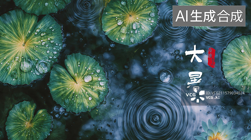 【AI数字艺术】池塘里长满了睡莲叶, 上面还有雨滴图片素材
