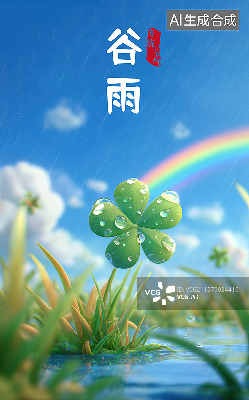 【AI数字艺术】一棵绿色三叶草, 背景中有一道彩虹图片素材