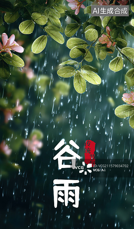 【AI数字艺术】一棵枝繁叶茂的树, 开着粉红色的花朵, 树上还飘落着雨水图片素材
