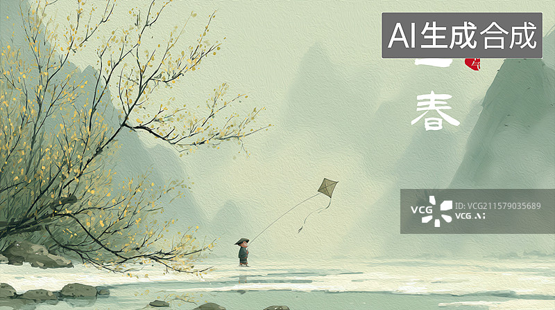 【AI数字艺术】一个男孩在山前放风筝图片素材